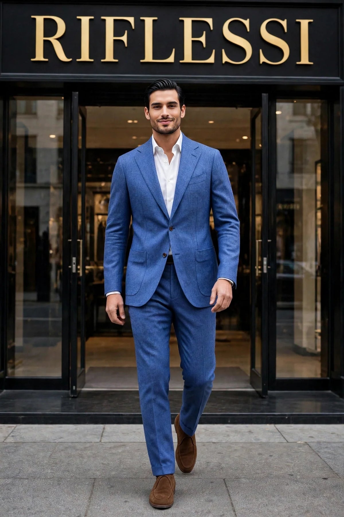 Sartorio suit on model, white shirt