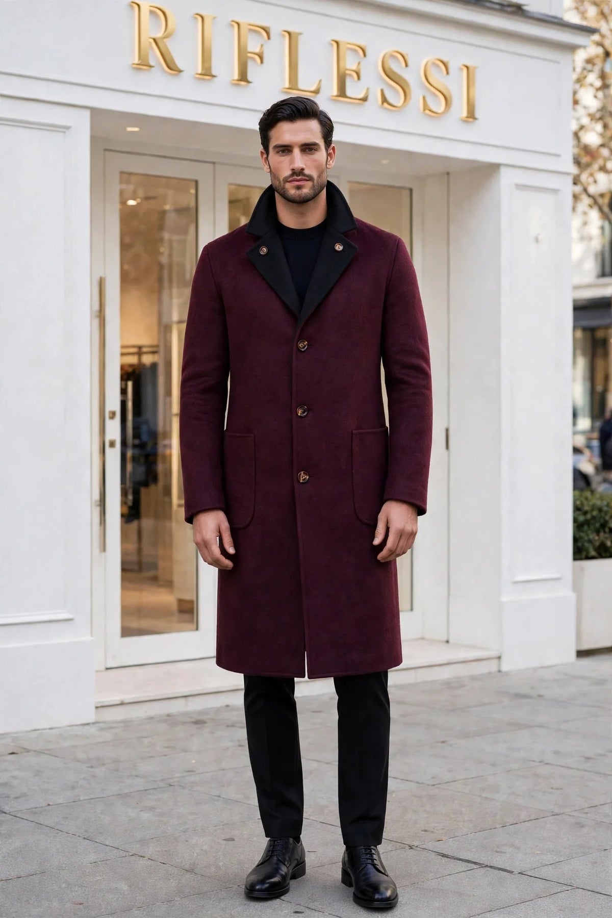 Kired by Kiton PARANA1 Cashmere Reversible Overcoat — Black/ Burgundy