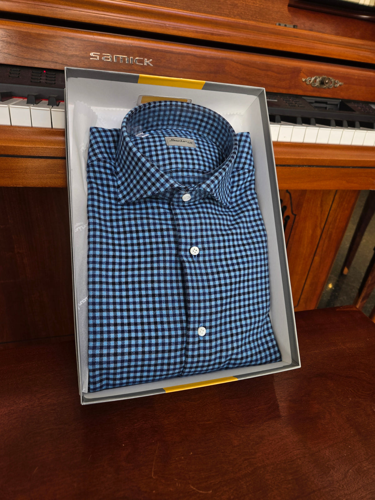 Sartorio Navy Micro Gingham Cotton Dress Shirt