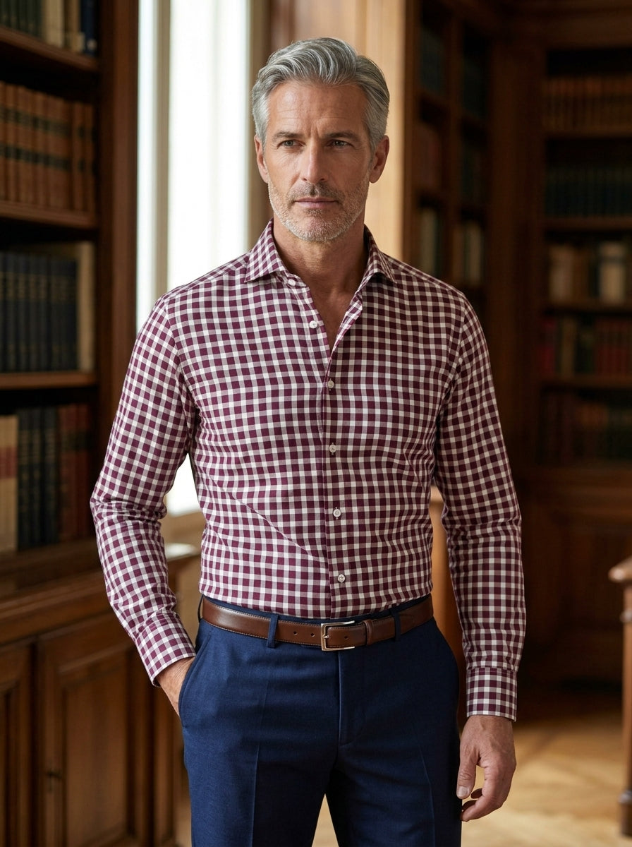 Sartorio Burgundy Gingham Cotton Dress Shirt