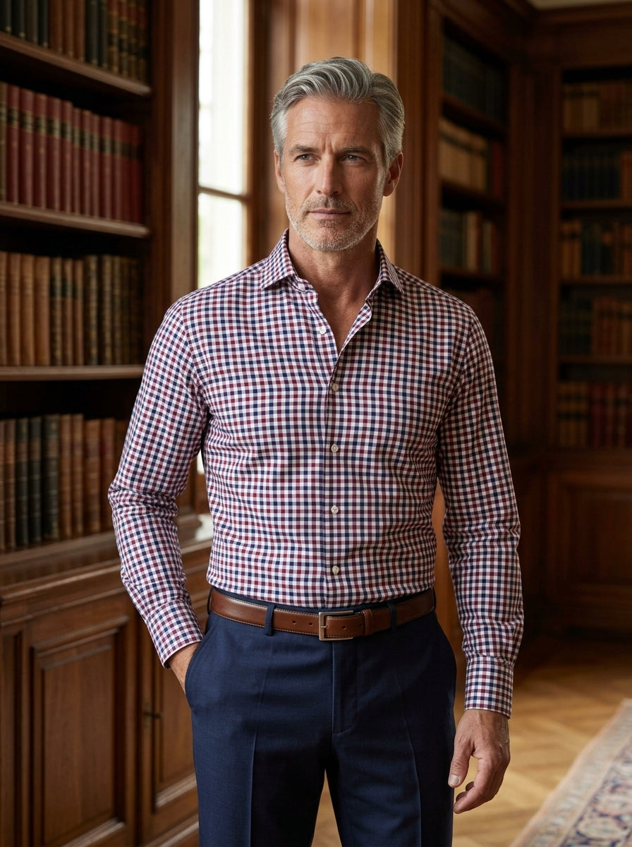 Sartorio Red Navy Gingham Cotton Dress Shirt