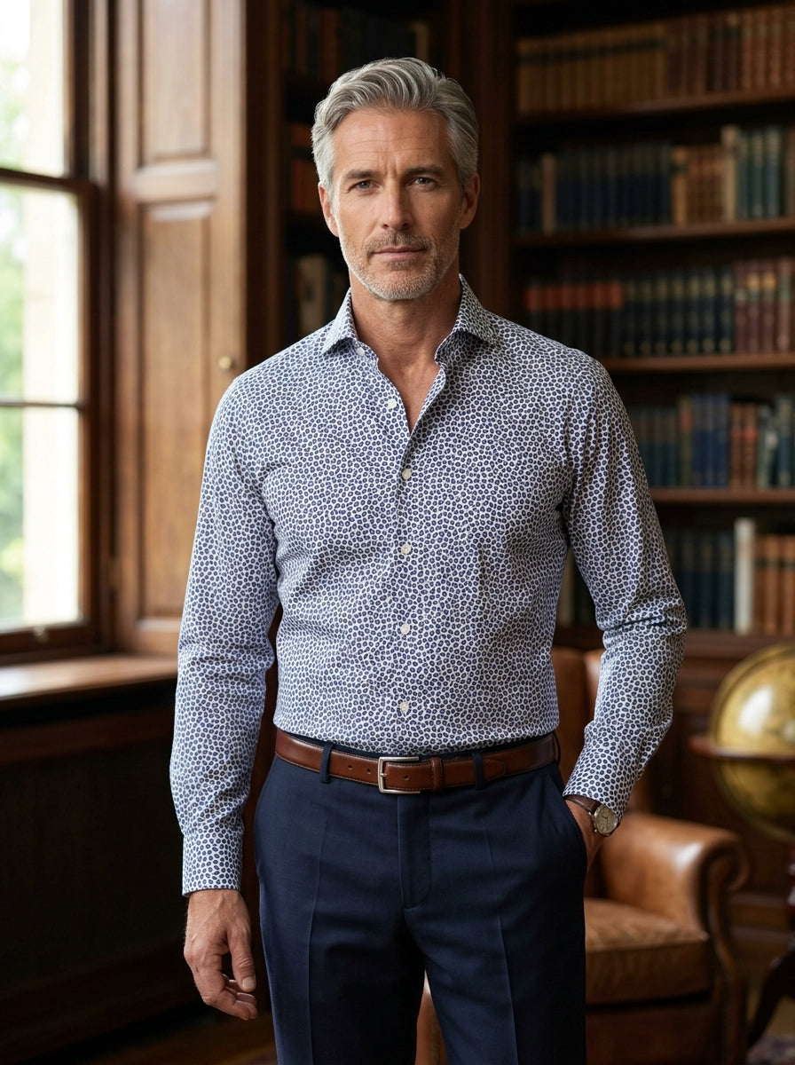 Sartorio Navy Micro Leaf Print Cotton Dress Shirt