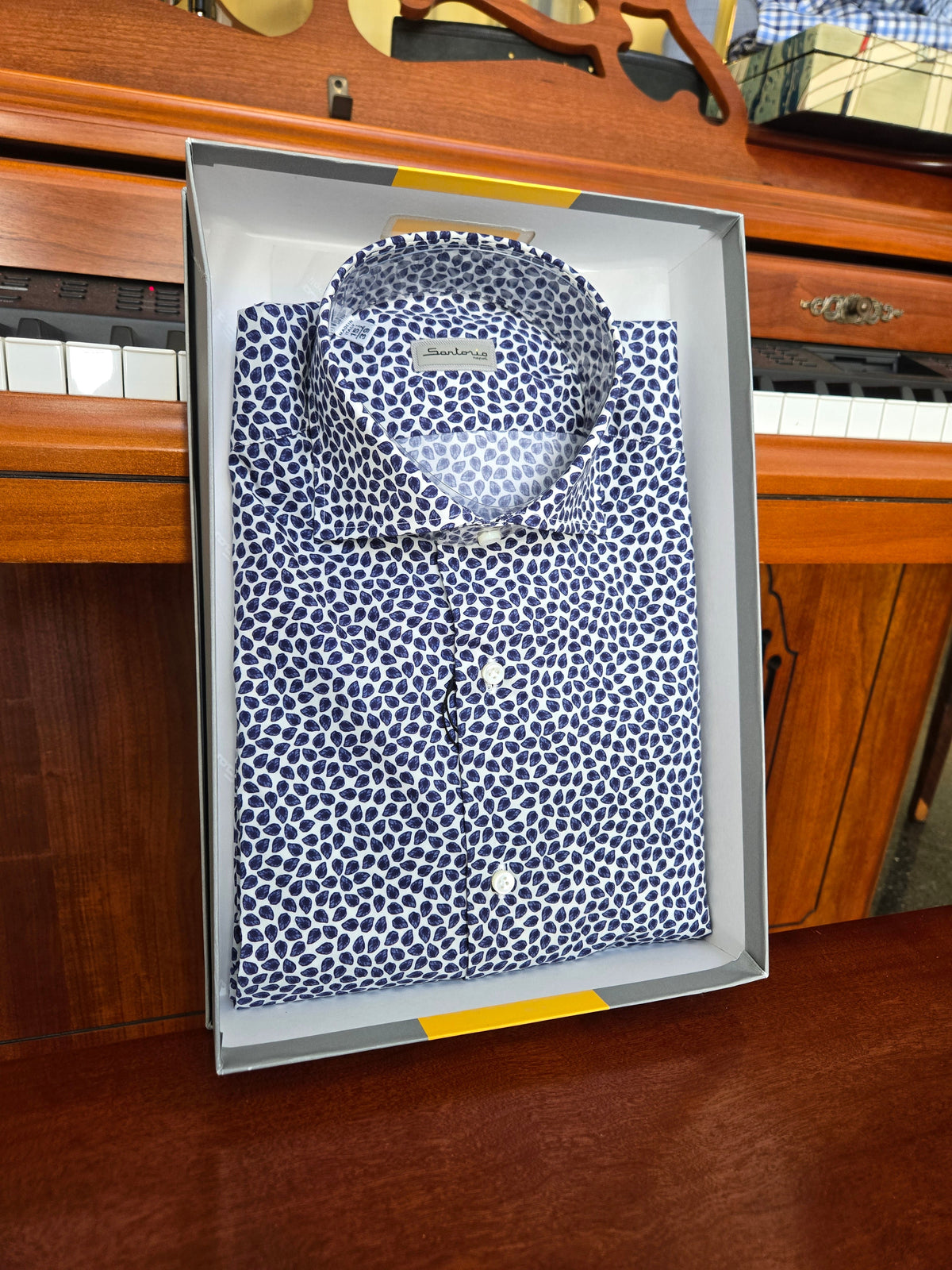 Sartorio Navy Micro Leaf Print Cotton Dress Shirt