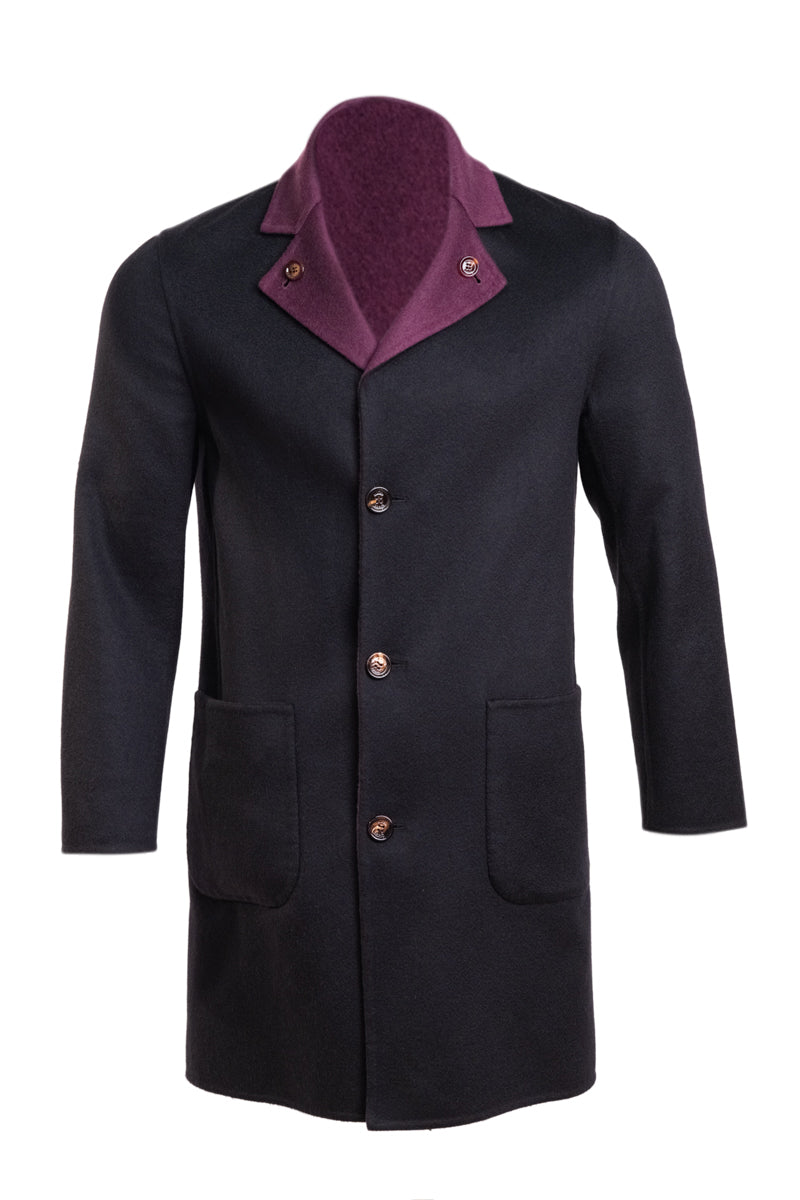 Kired by Kiton PARANA1 Cashmere Reversible Overcoat — Black/ Burgundy