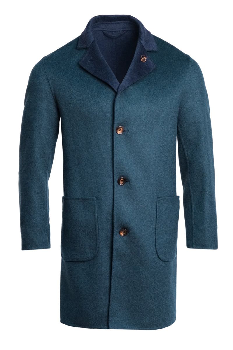 Kired by Kiton PARANA1 Cashmere Reversible Overcoat — Forest Green/ Midnight Blue