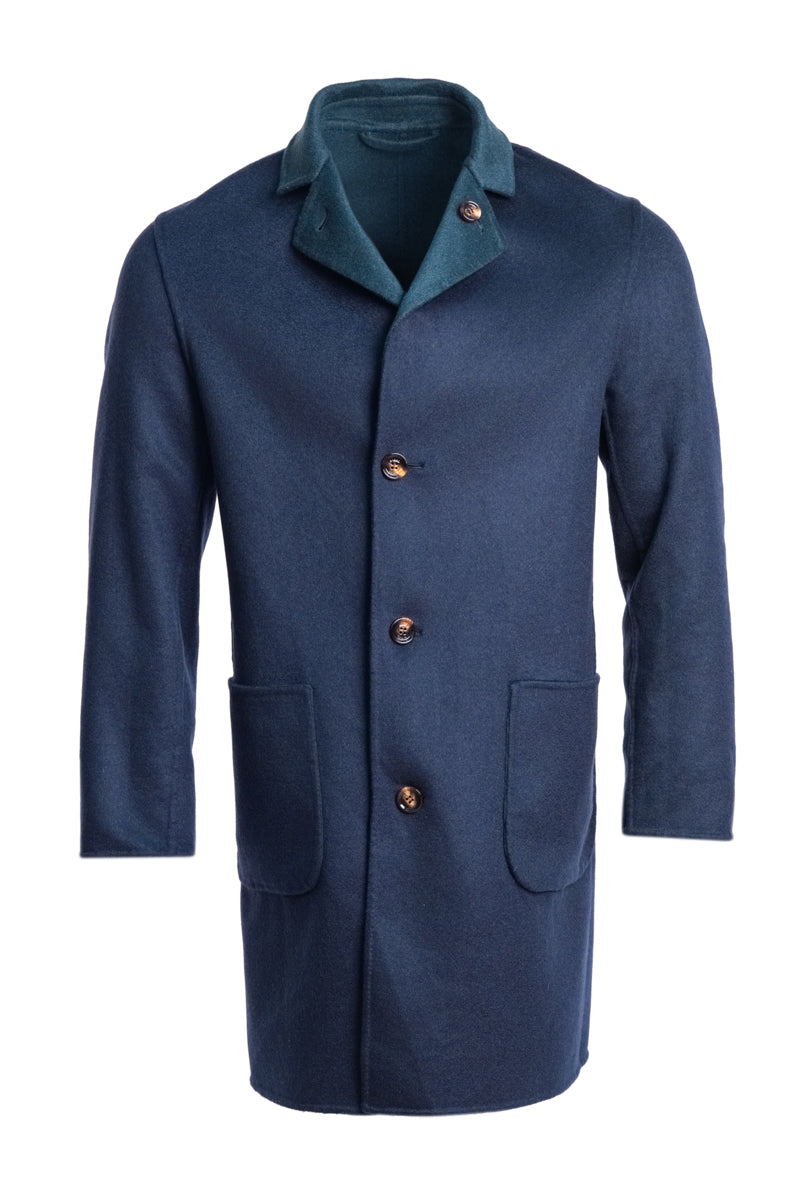 Kired by Kiton PARANA1 Cashmere Reversible Overcoat — Forest Green/ Midnight Blue
