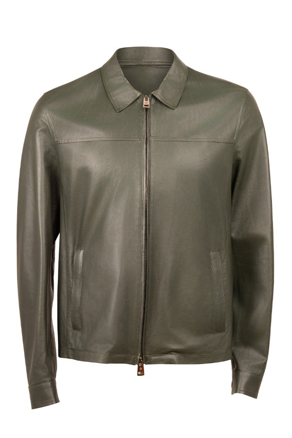 Kired Juan Lambskin Leather Zip-Up Jacket — Forest Green