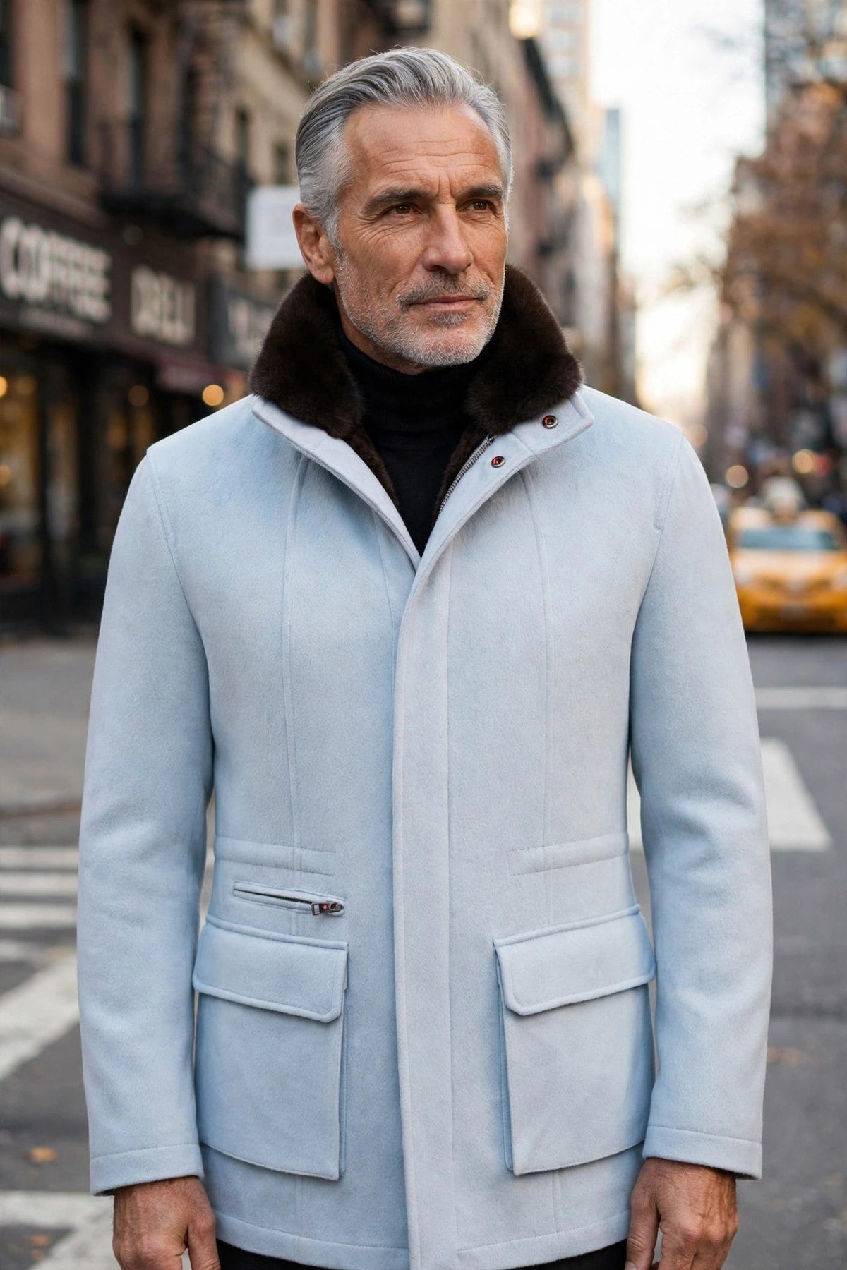 Kired by Kiton KONE Cashmere-Mink Fur Overcoat — Light Blue