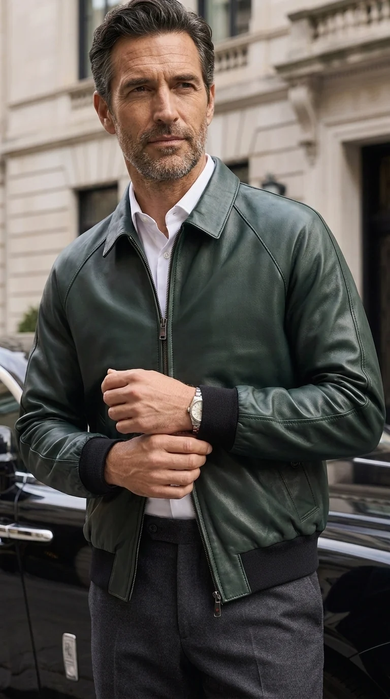 A man wearing a dark green leather bomber jacket over a white collared shirt, standing outdoors in front of a building and parked cars.