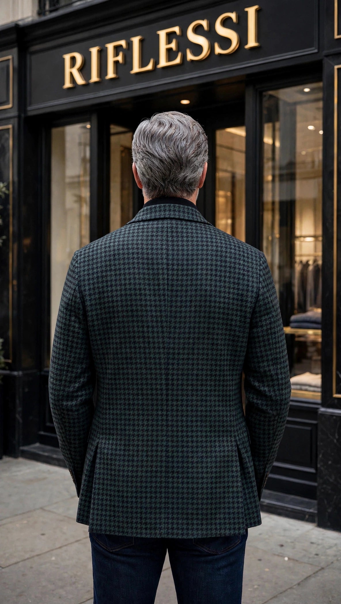 Sartorio Houndstooth Virgin Wool-Silk-Cotton Sport Jacket in forest green and black — on model, back