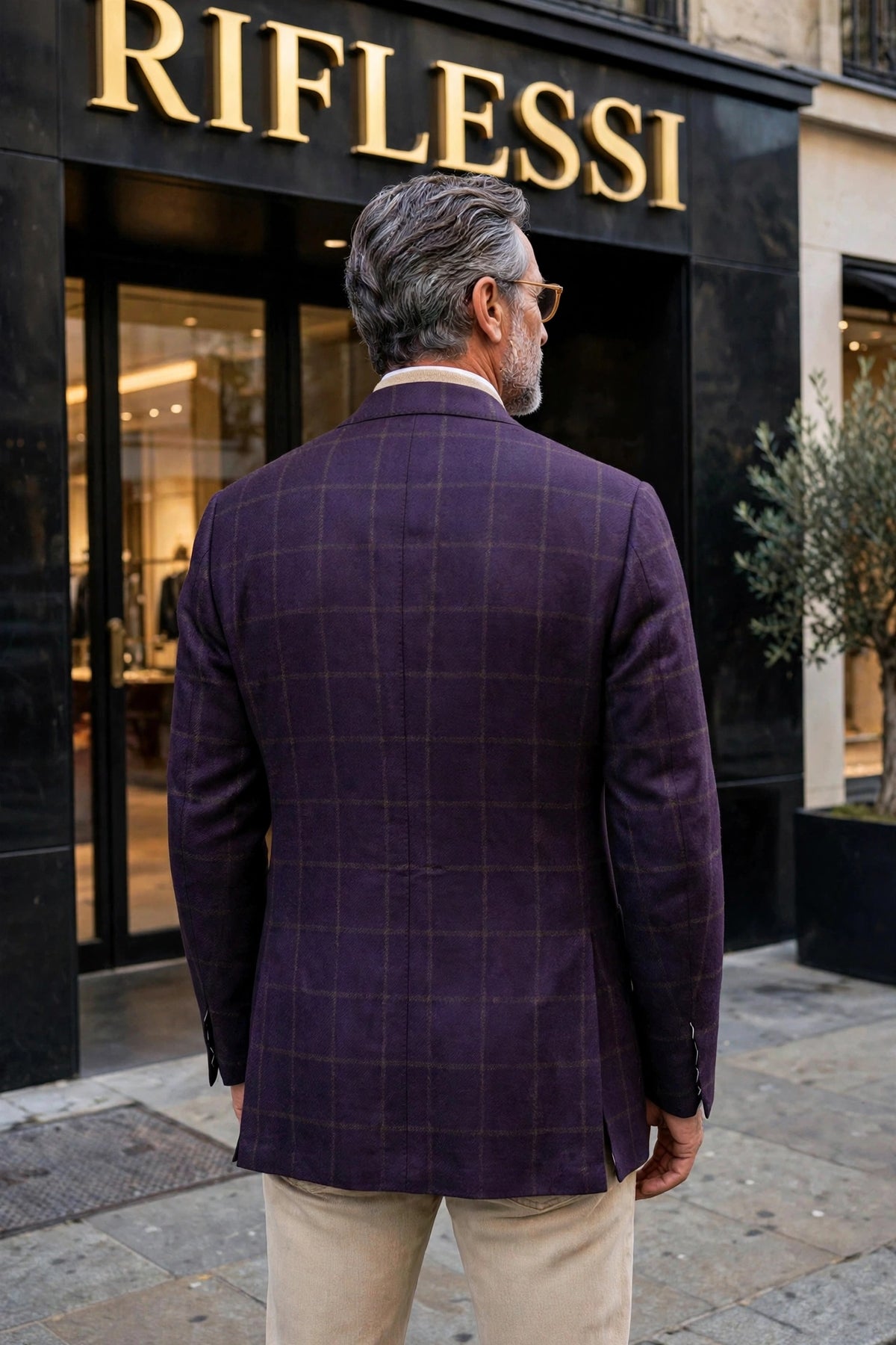 Sartorio windowpane cashmere sport jacket in purple, back, on the model