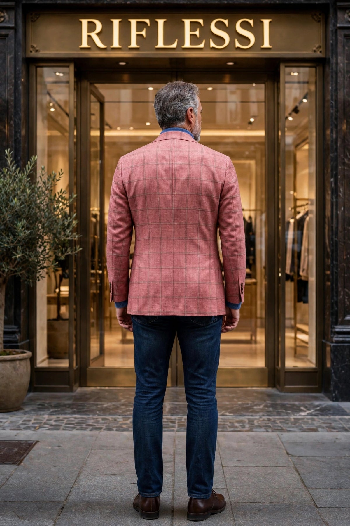 Sartorio Virgin Wool-Silk-Linen Windowpane Sport Jacket - model back