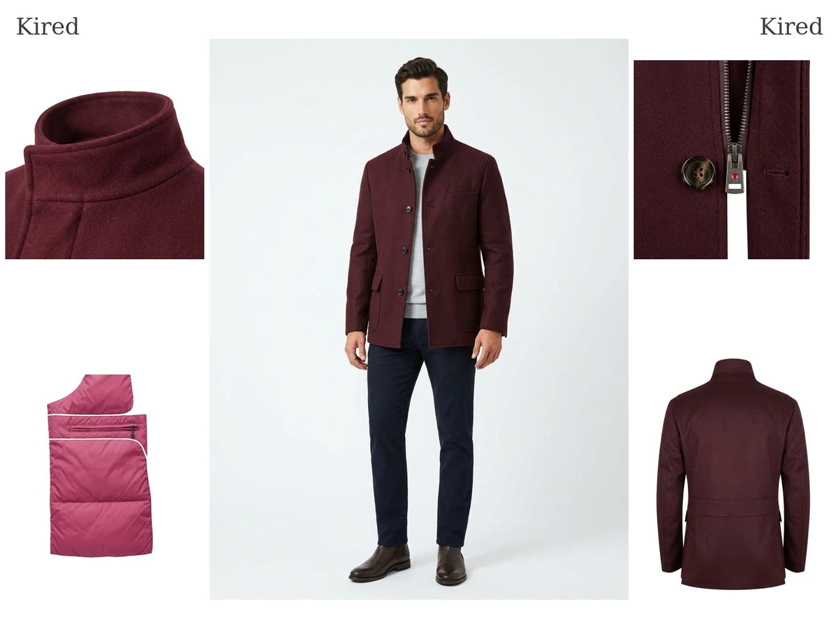 Burgundy Kired coat on model with fabric details
