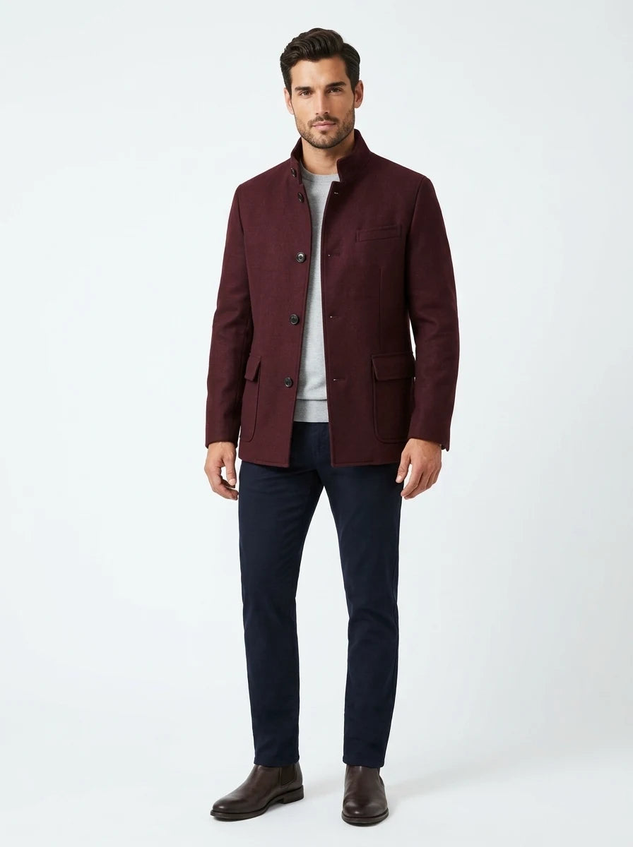 Burgundy Kired reversible coat on model