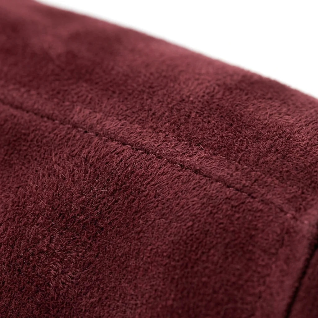 Burgundy suede collar close-up — different fabric from wool body