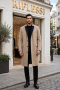 Kired reversible cashmere coat worn by model, front, beige side