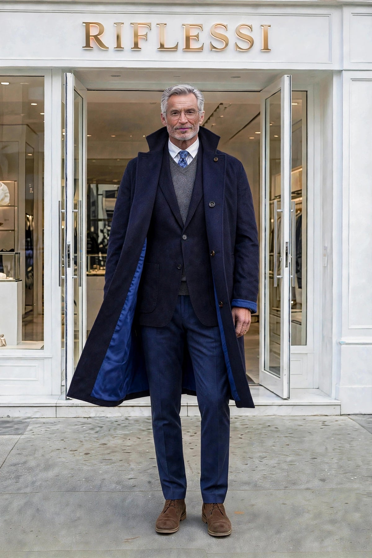 Blue Peak coat worn open over the Midnight cashmere sport jacket