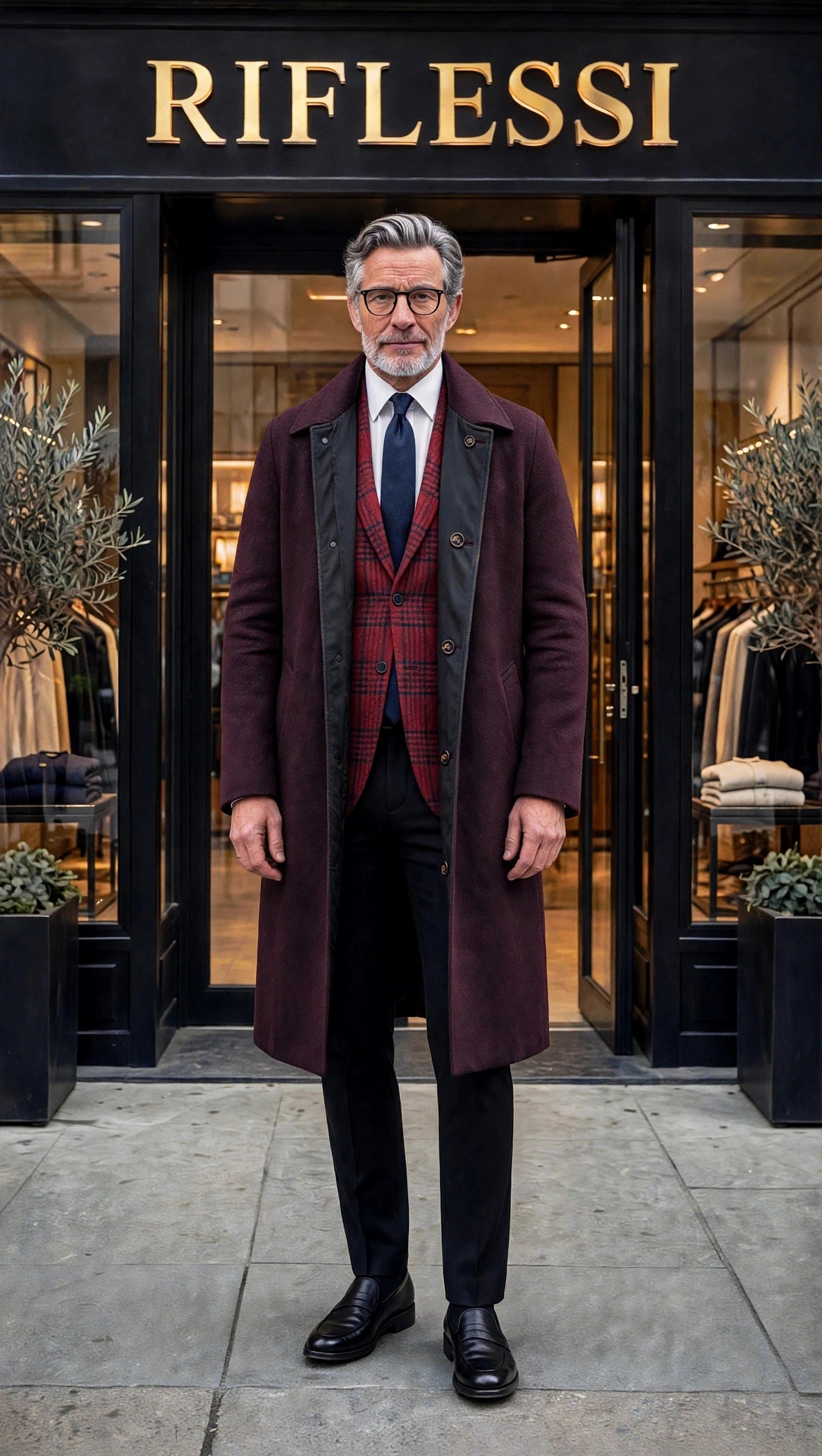 Burgundy Peak reversible cashmere coat worn open over the red checked Sartorio sport jacket