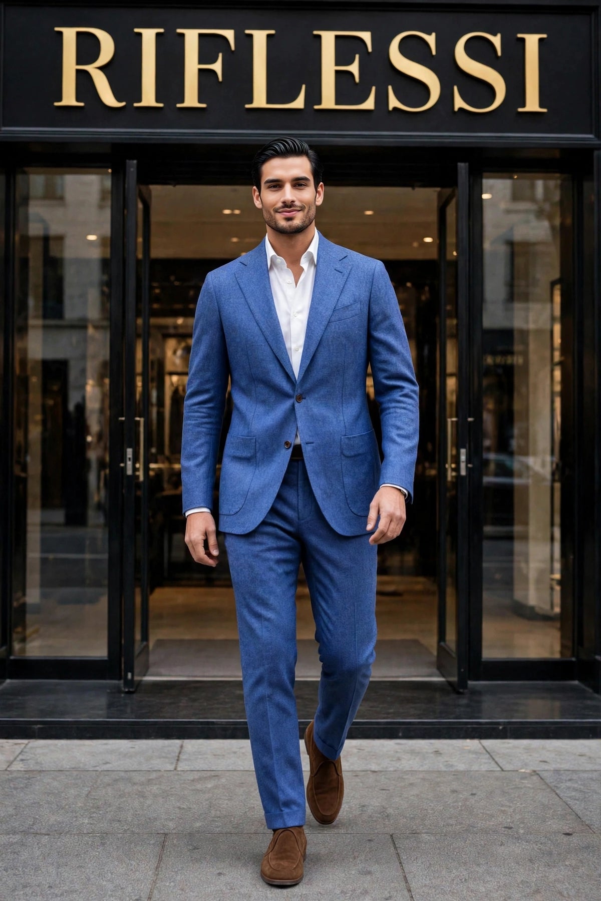 Sartorio suit on model, white shirt