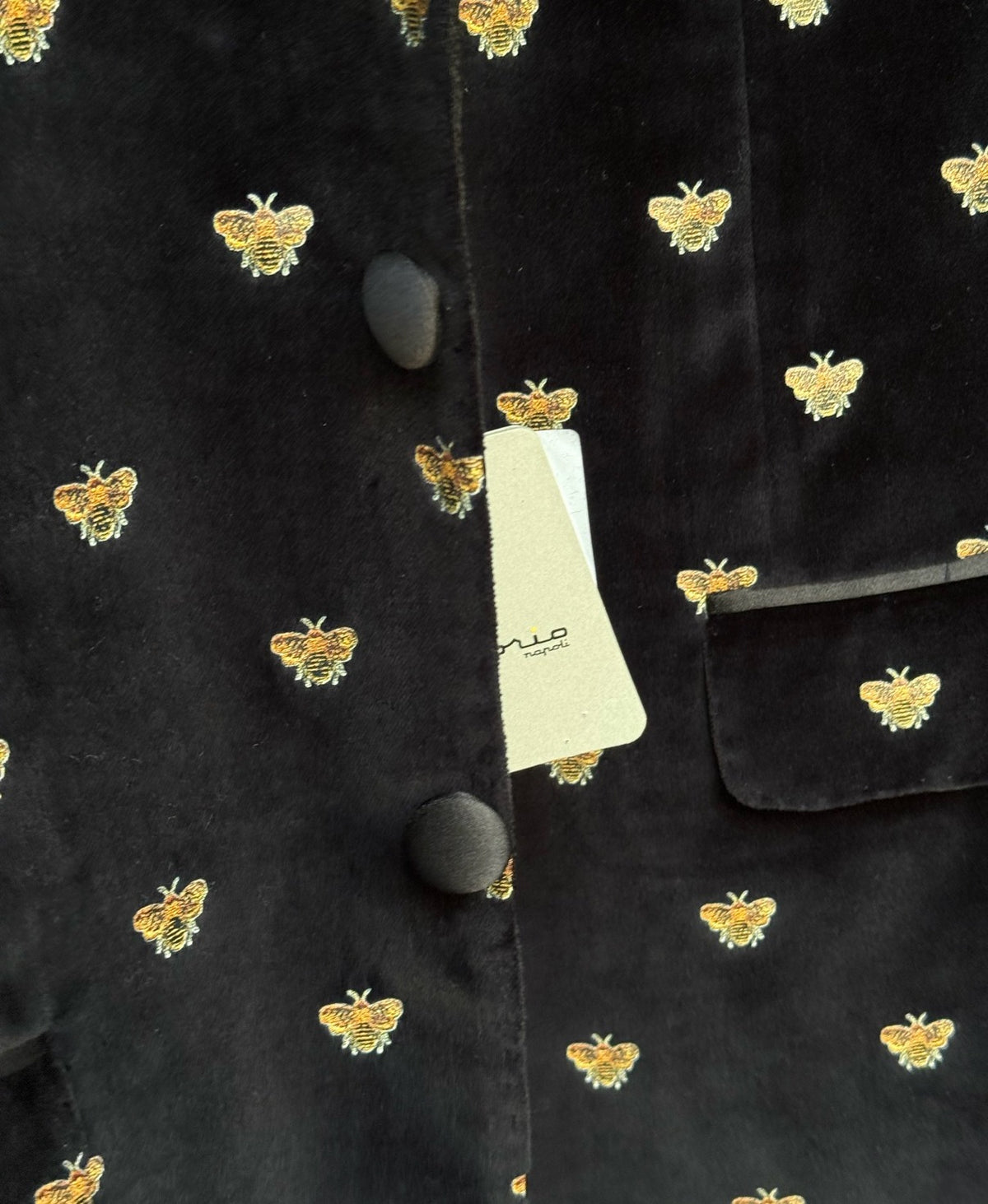 Sartorio black gold bees tuxedo jacket, covered buttons and flap pocket detail