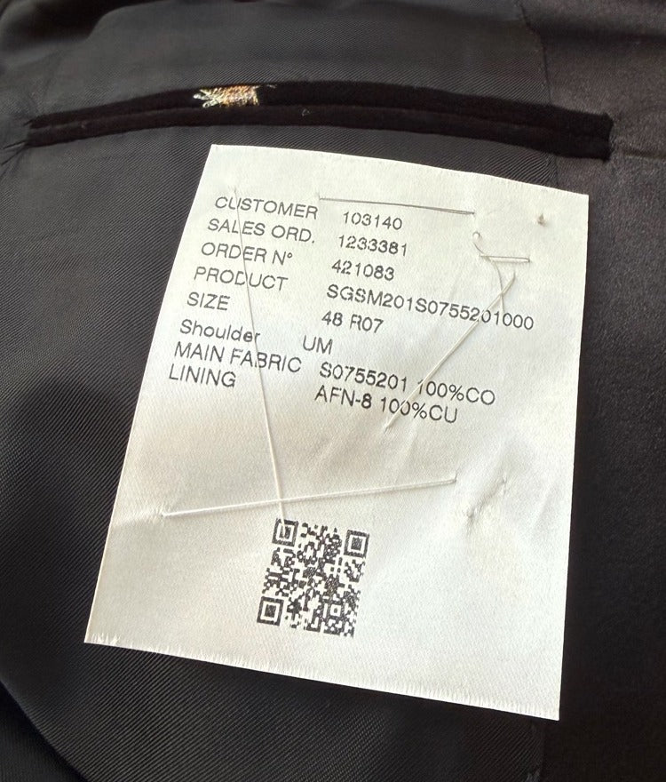 Sartorio tuxedo jacket interior spec label - SGSM201S0755201, 100% cotton