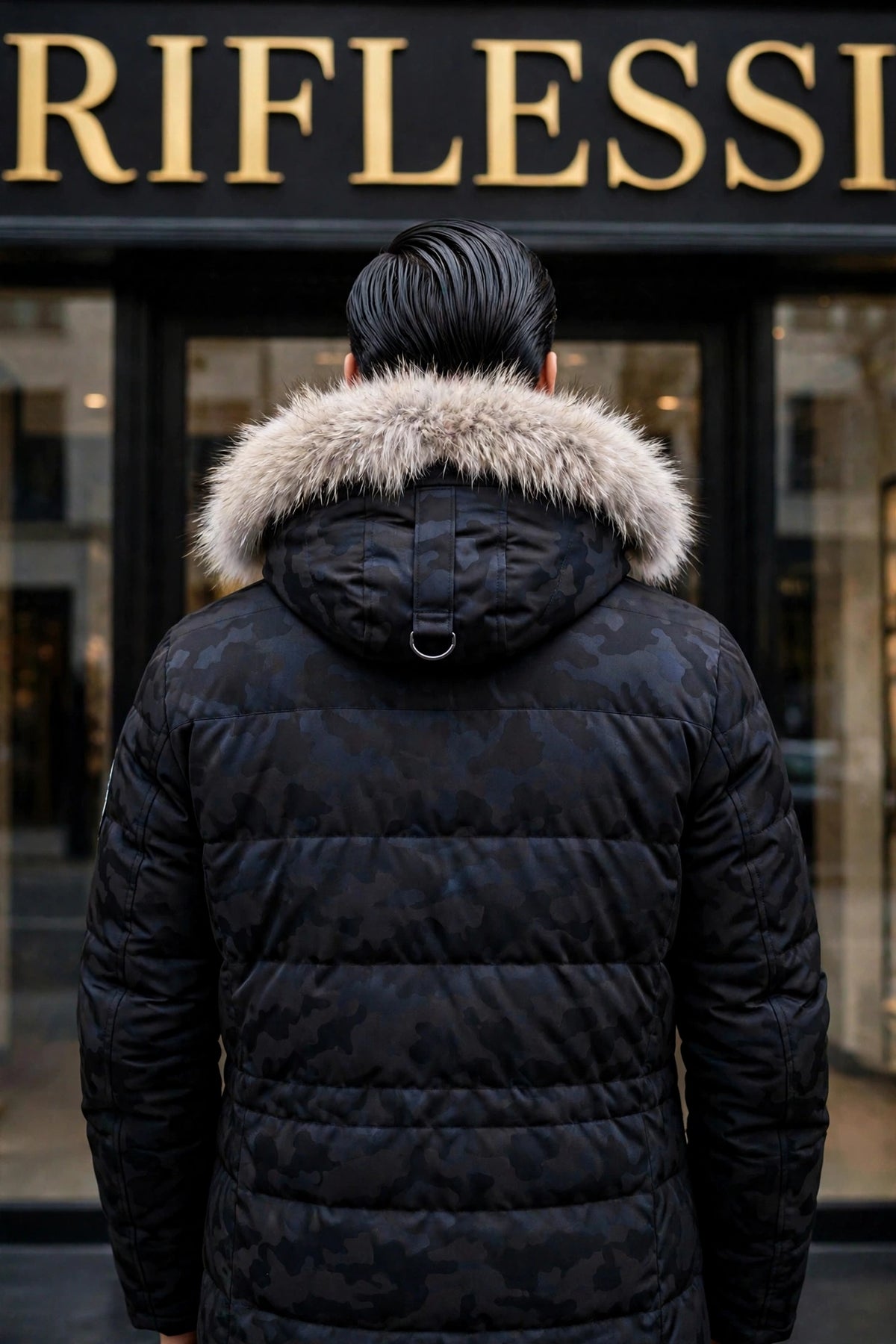 Eleventy Camo Nylon-Wool Coat w/ Removable Coyote Fur Trim Hood