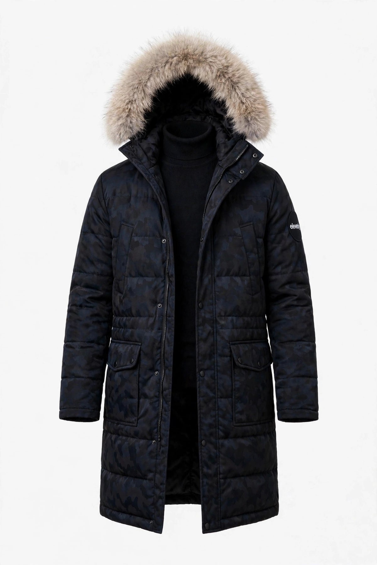 Eleventy Camo Nylon-Wool Coat w/ Removable Coyote Fur Trim Hood