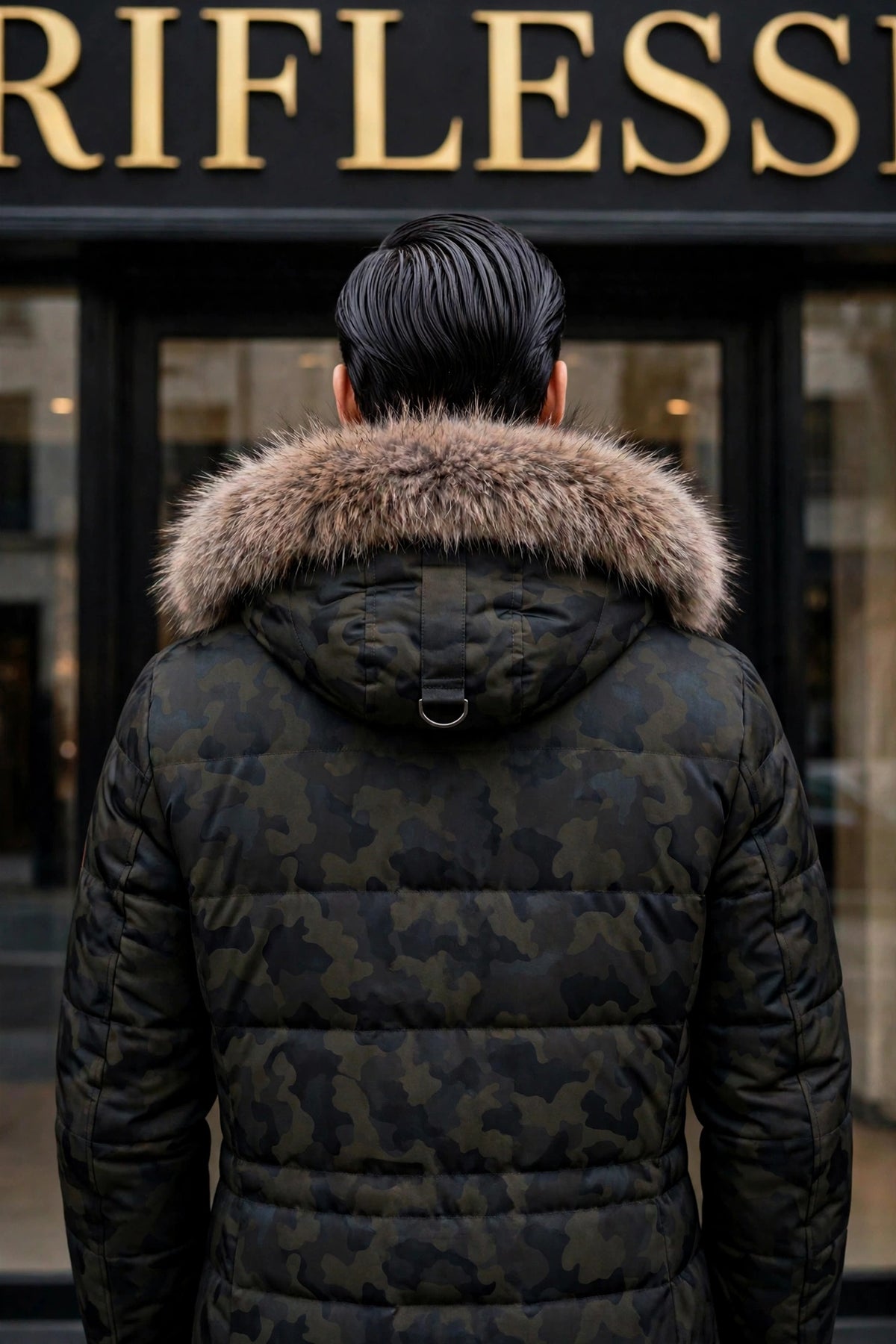 Eleventy Camo Nylon-Wool Coat w/ Removable Coyote Fur Trim Hood