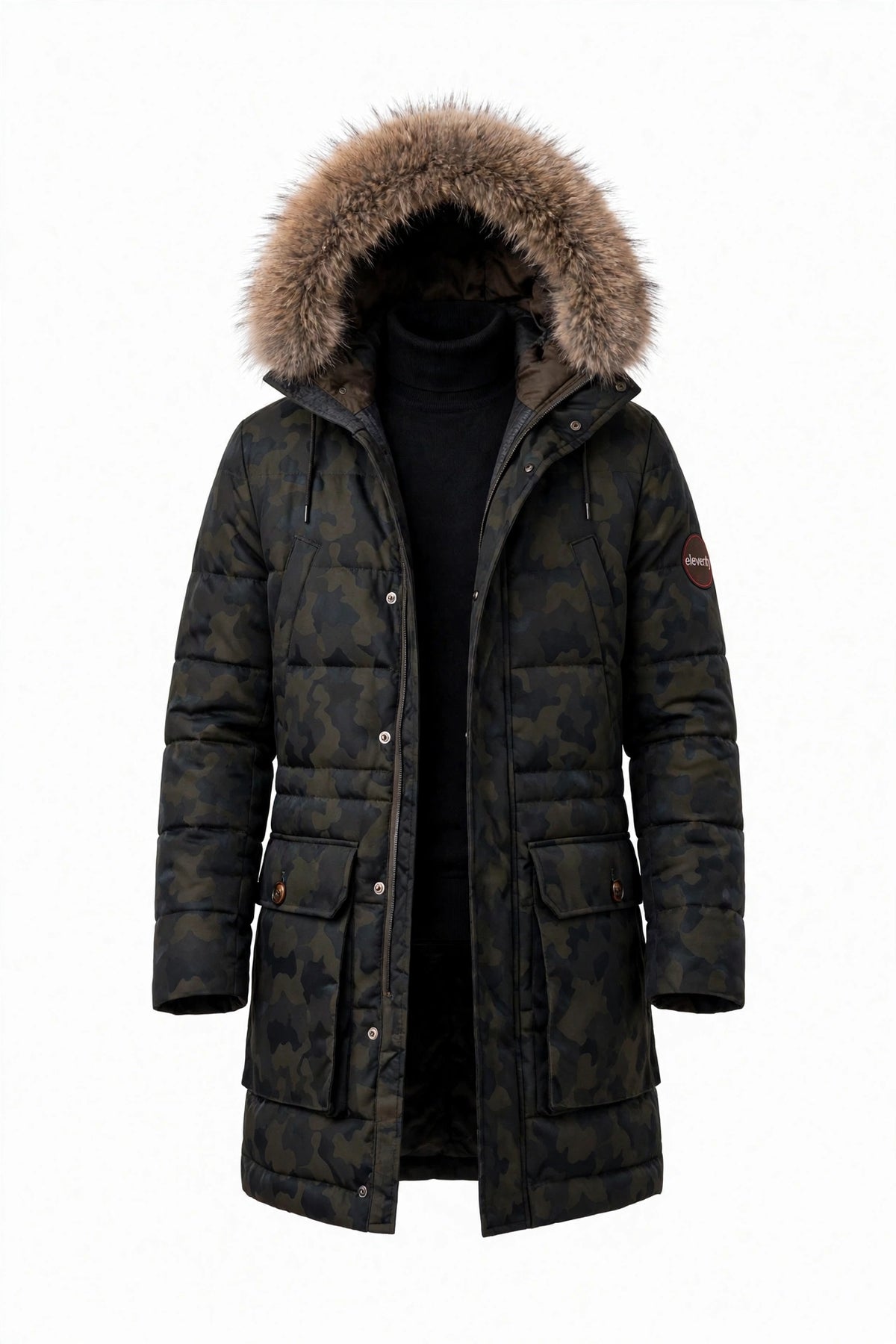 Eleventy Camo Nylon-Wool Coat w/ Removable Coyote Fur Trim Hood