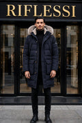 Eleventy Cotton-Wool Coat w/ Removable Coyote Fur Trim Hood