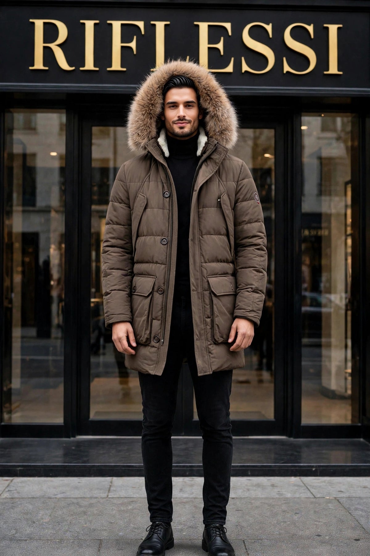 Eleventy Cotton-Wool Coat w/ Removable Coyote Fur Trim Hood