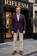 Sartorio windowpane cashmere sport jacket in purple, front, on the model
