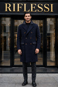 Kired Gyala Solid/ Pinstripe Nylon-Virgin Wool Double-Breasted Reversible Overcoat