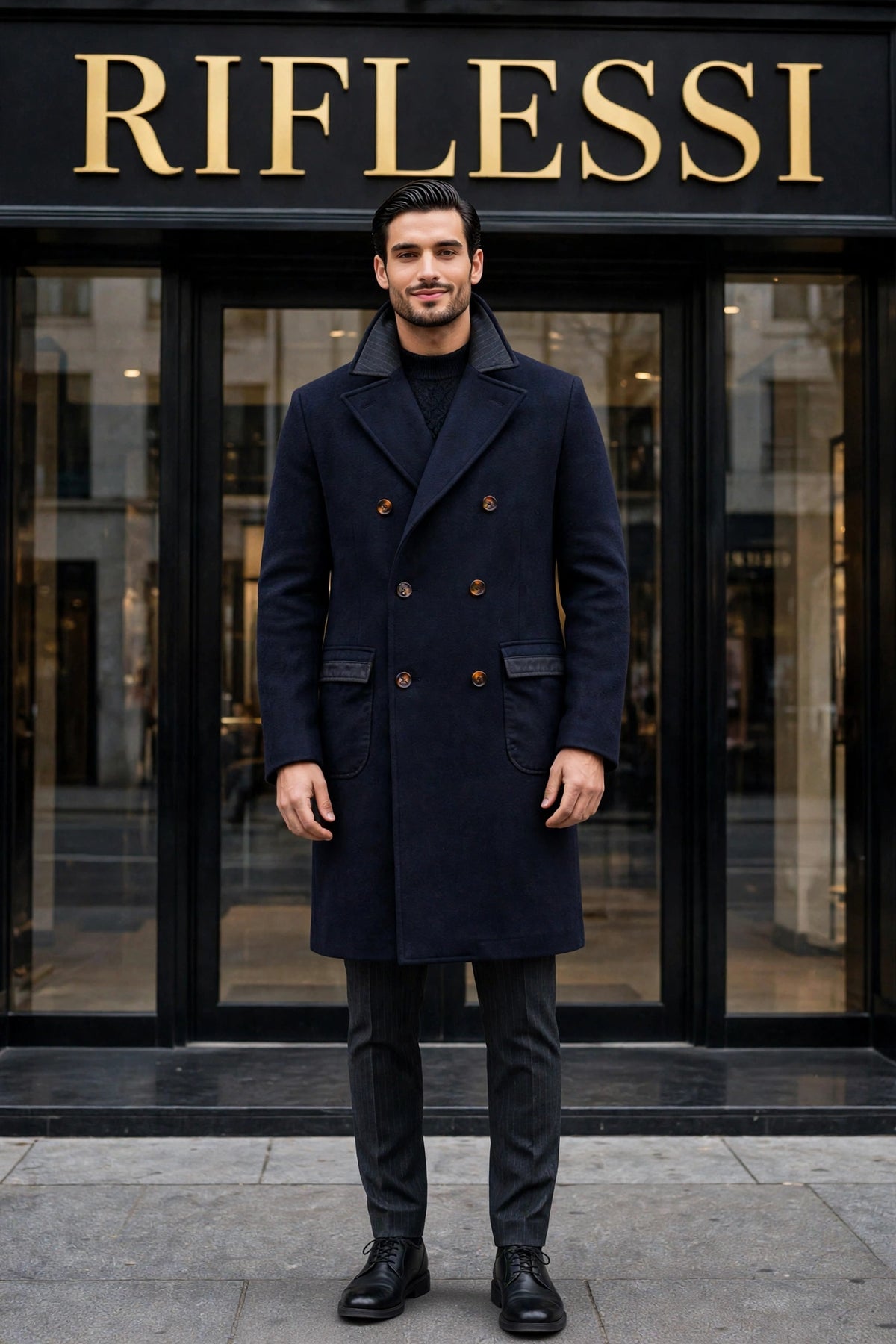 Kired Gyala Solid/ Pinstripe Nylon-Virgin Wool Double-Breasted Reversible Overcoat