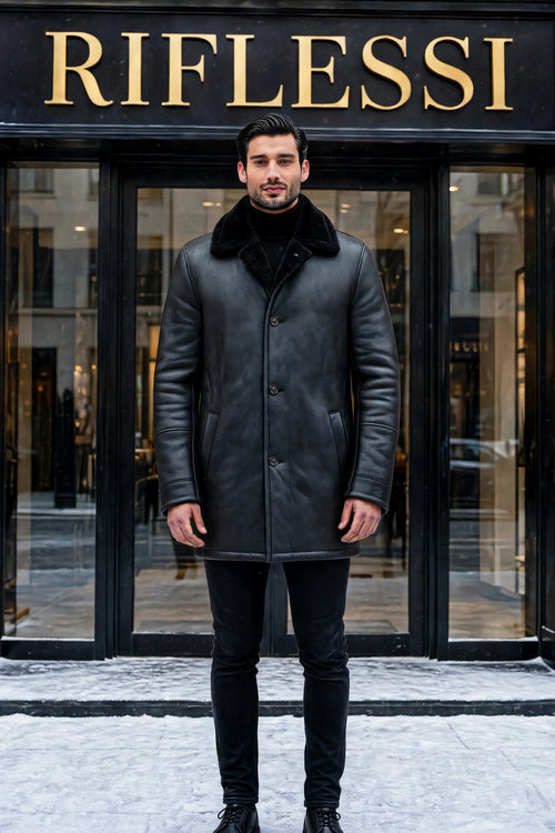 Hettabretz ISA Black Leather Buttoned Shearling Coat