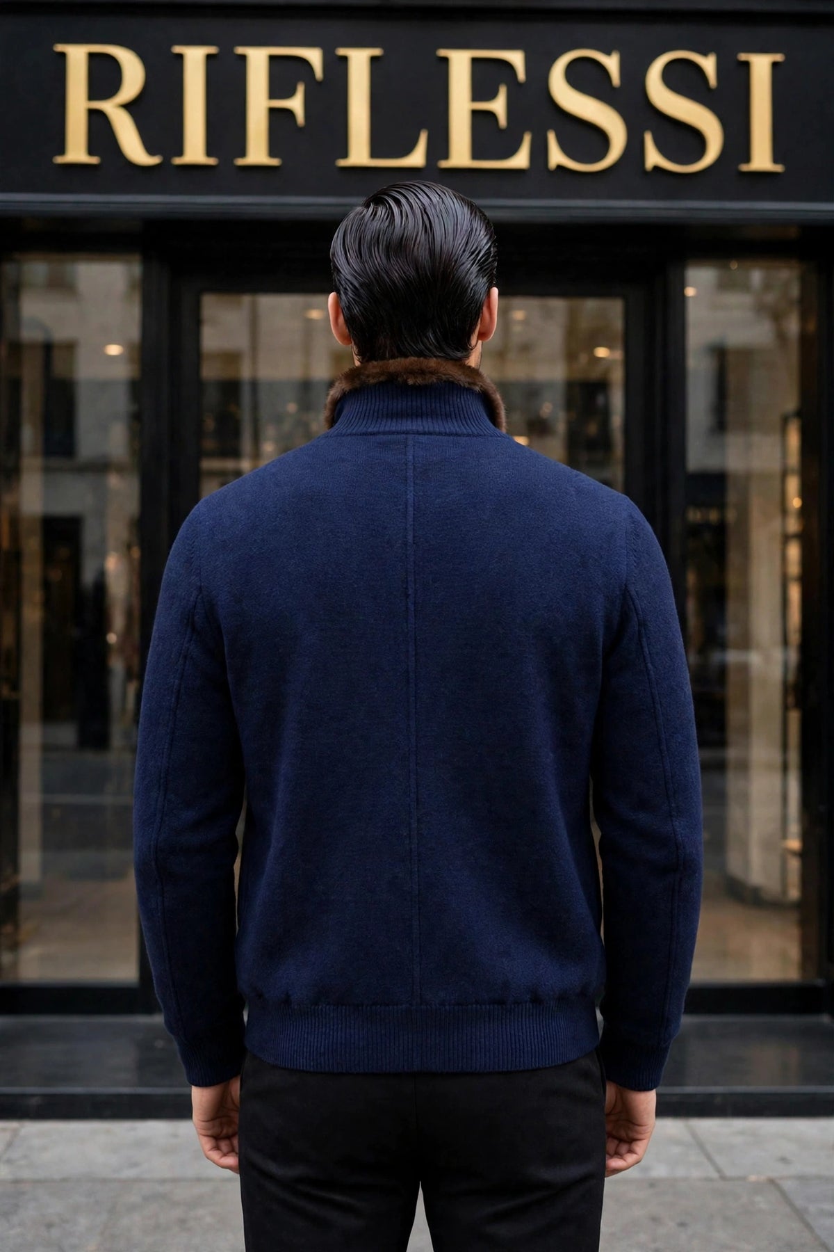 Sartorio Cashmere-Beaver Lined Bomber — Dark Blue on the model seen from behind in front of the Riflessi store