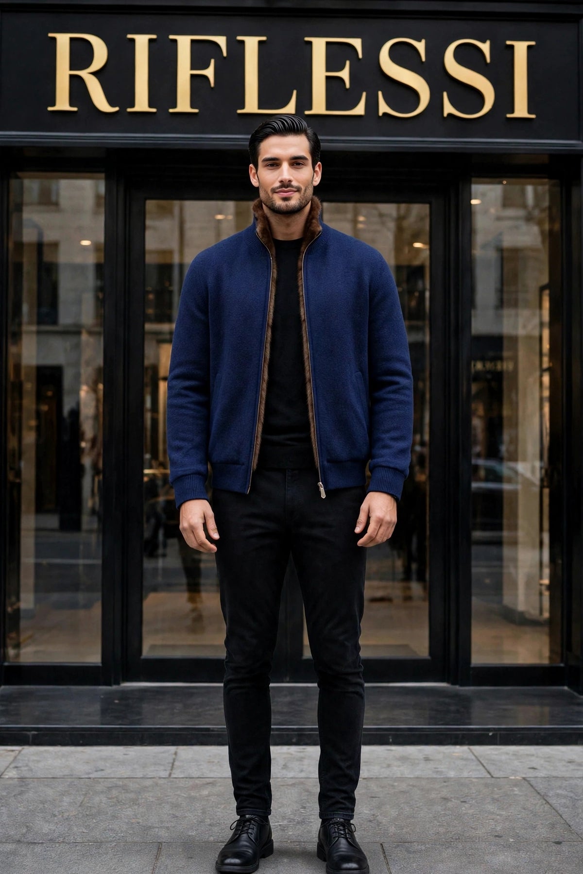 Sartorio Cashmere-Beaver Lined Bomber — Dark Blue worn open by the model in front of the Riflessi store