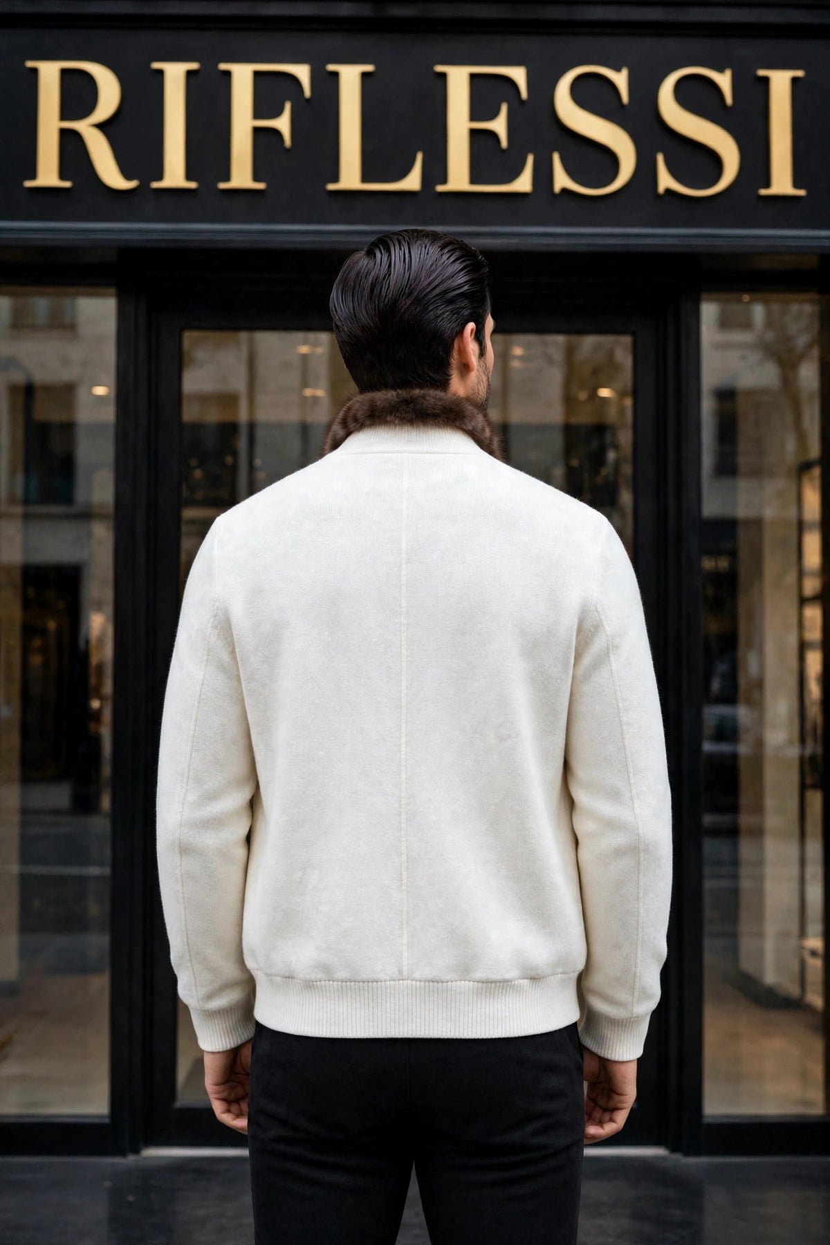 Sartorio Cashmere-Beaver Lined Bomber — Ivory on the model seen from behind in front of the Riflessi store