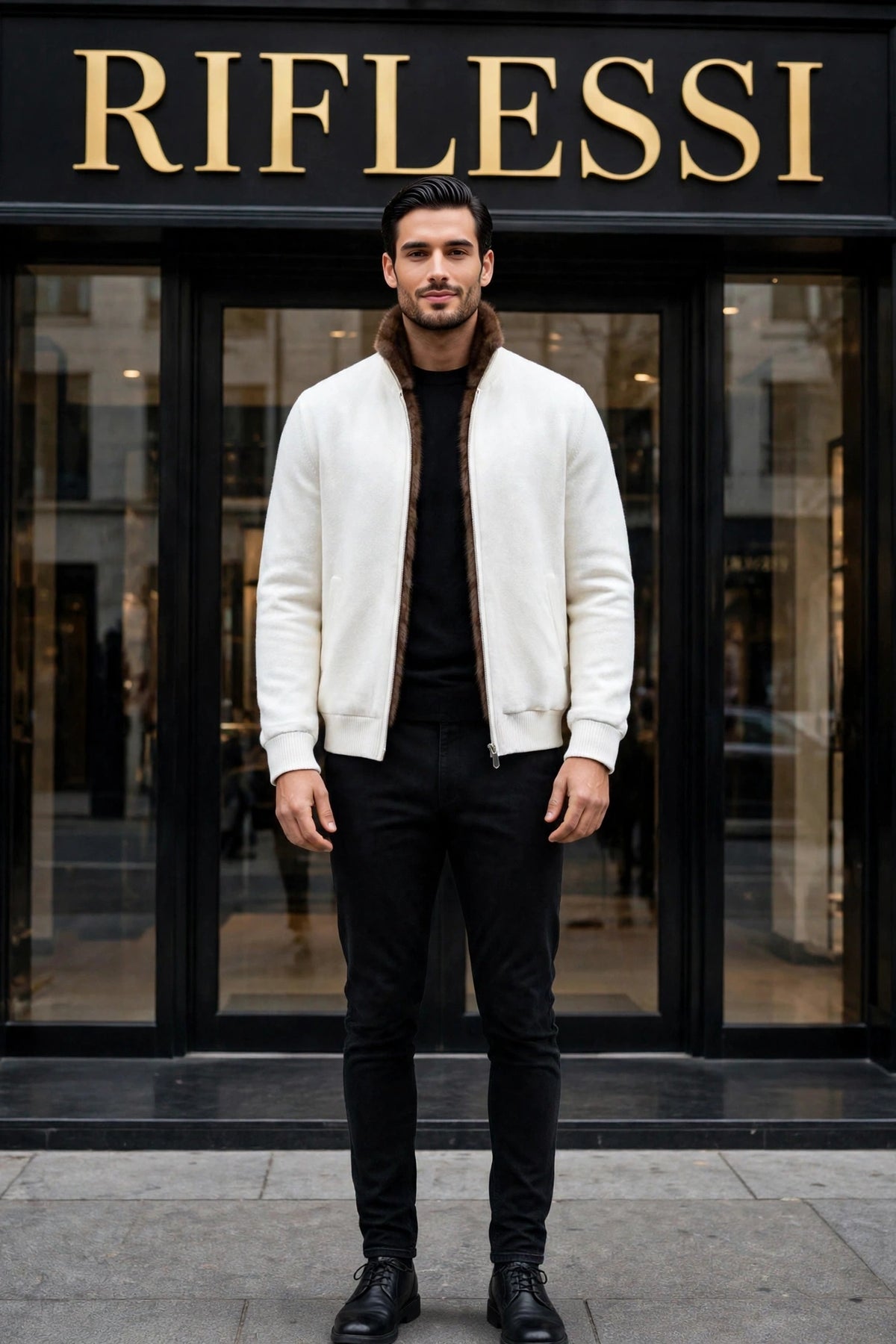 Sartorio Cashmere-Beaver Lined Bomber — Ivory worn open by the model in front of the Riflessi store