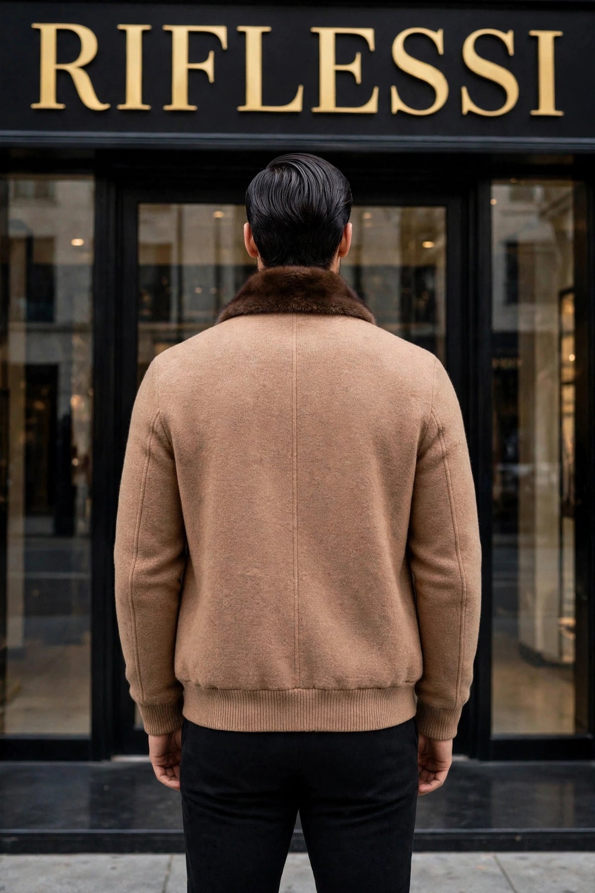 Sartorio Cashmere-Beaver Lined Bomber — Taupe on the model seen from behind in front of the Riflessi store