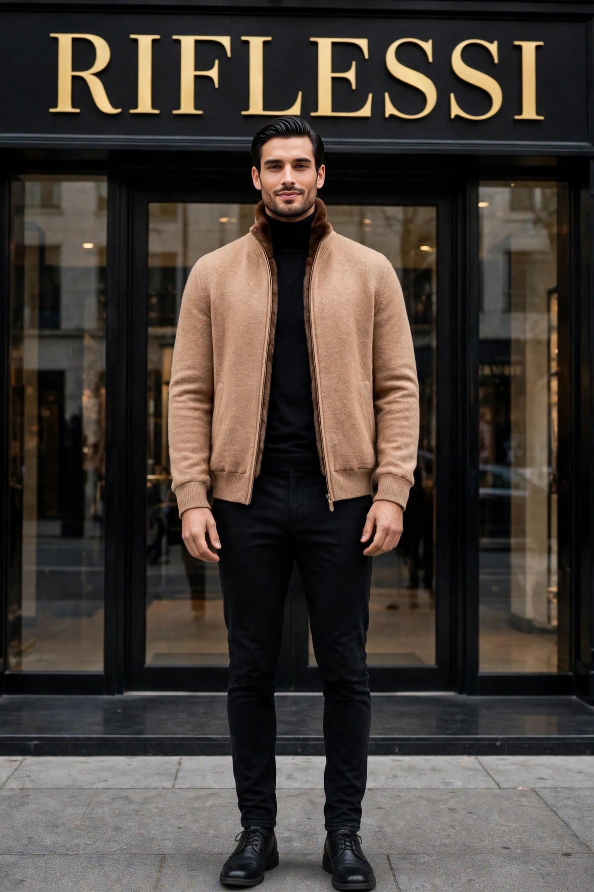 Sartorio Cashmere-Beaver Lined Bomber — Taupe worn open by the model in front of the Riflessi store