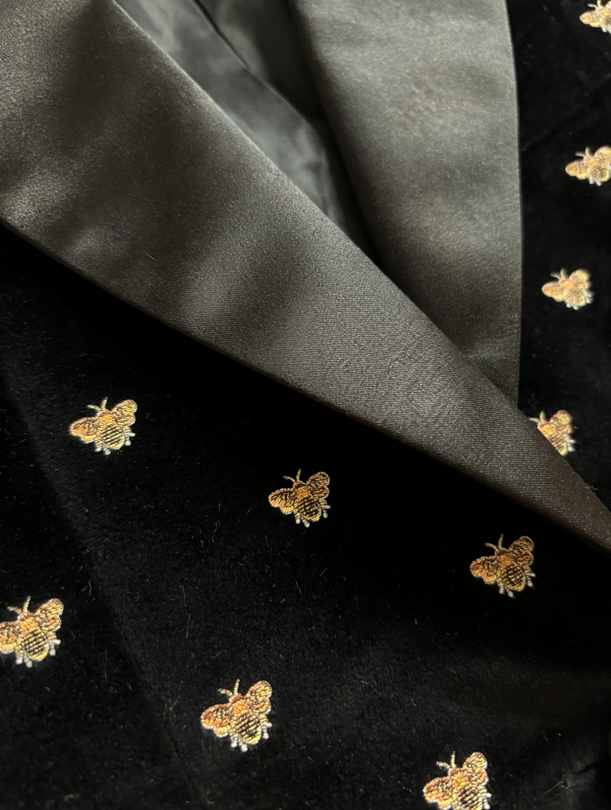 Sartorio black and gold bee tuxedo jacket, black silk lapel detail