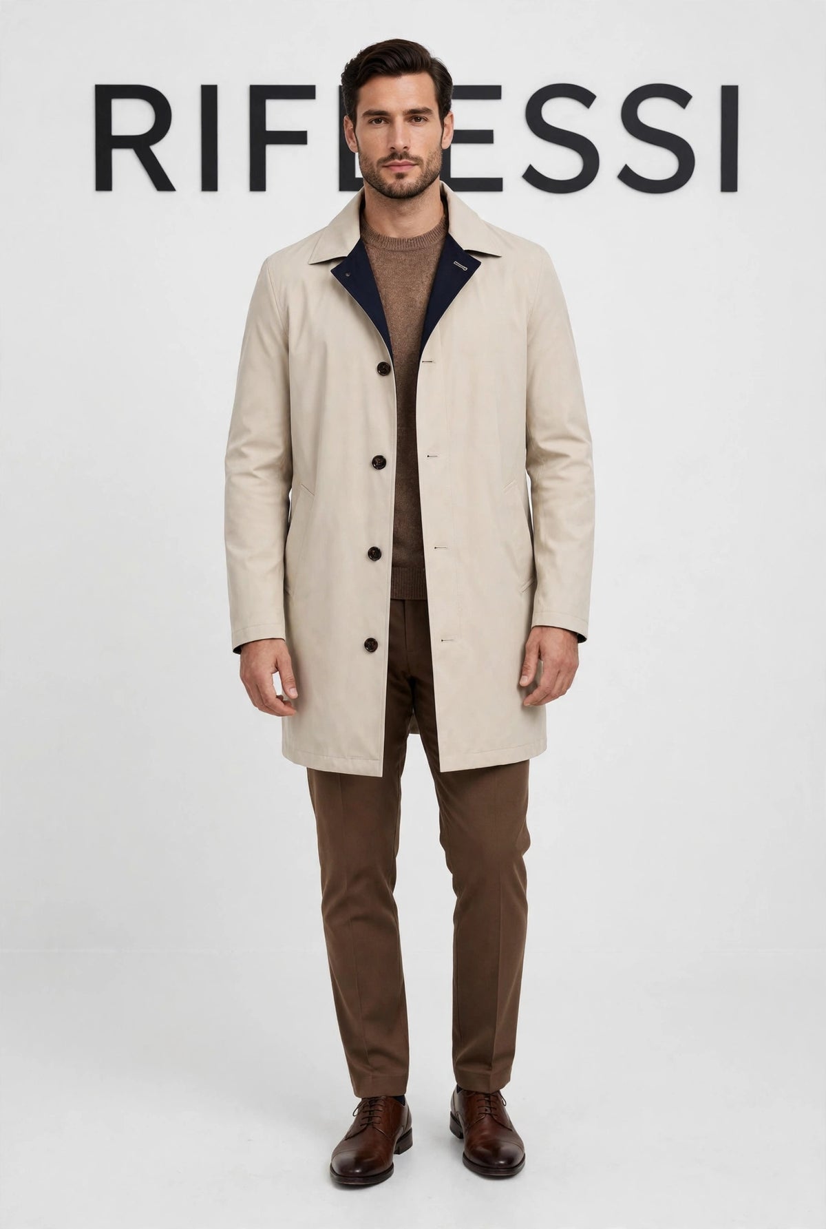 Ben Nylon Reversible Raincoat - beige side on model