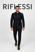 Sartorio dark grey double-breasted wool suit worn by model, front