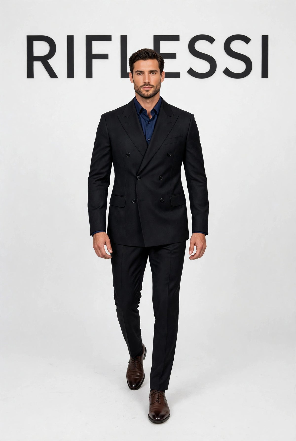 Sartorio dark grey double-breasted wool suit worn by model, front
