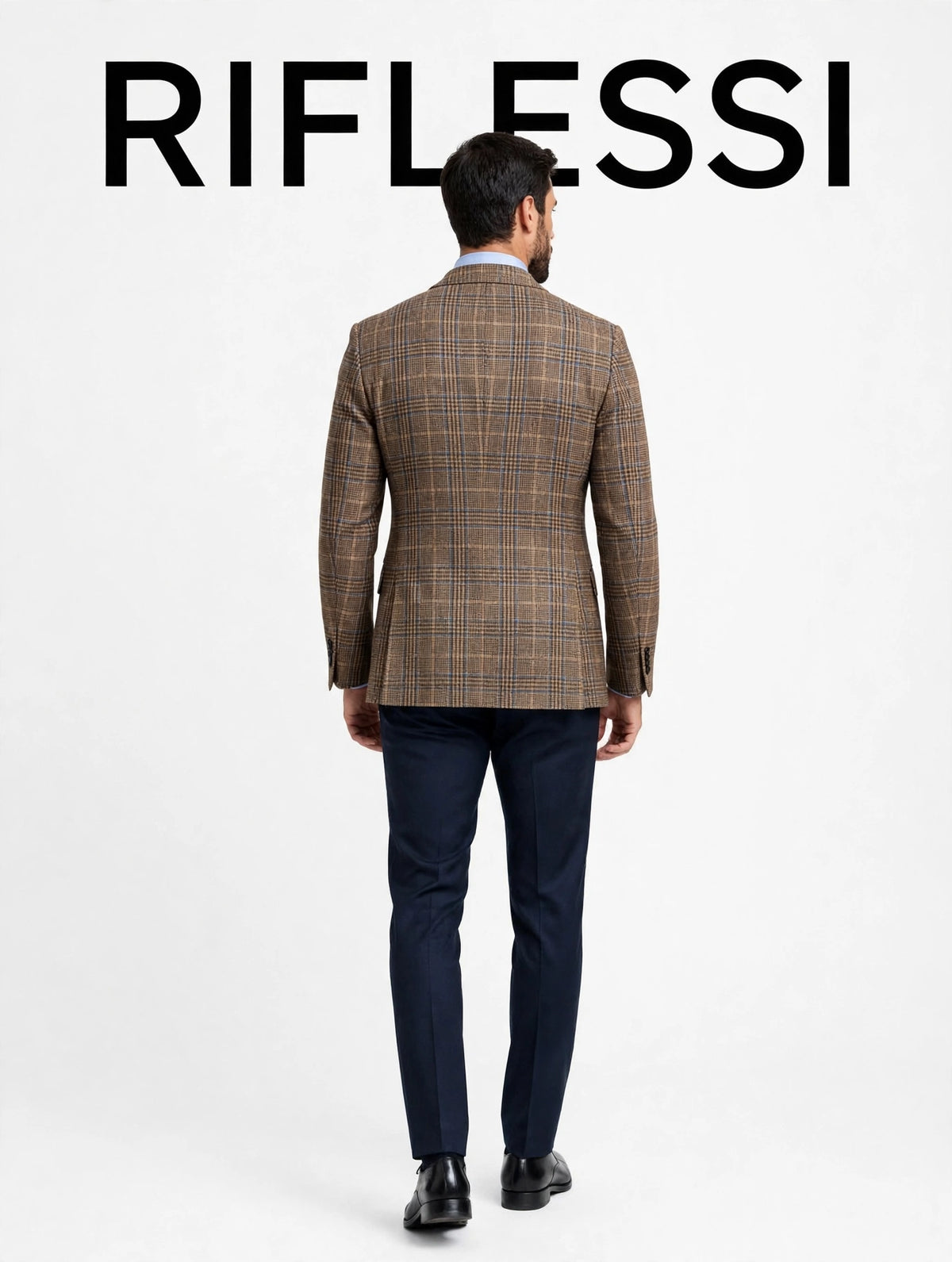 Sartorio brown plaid jacket worn by model, back