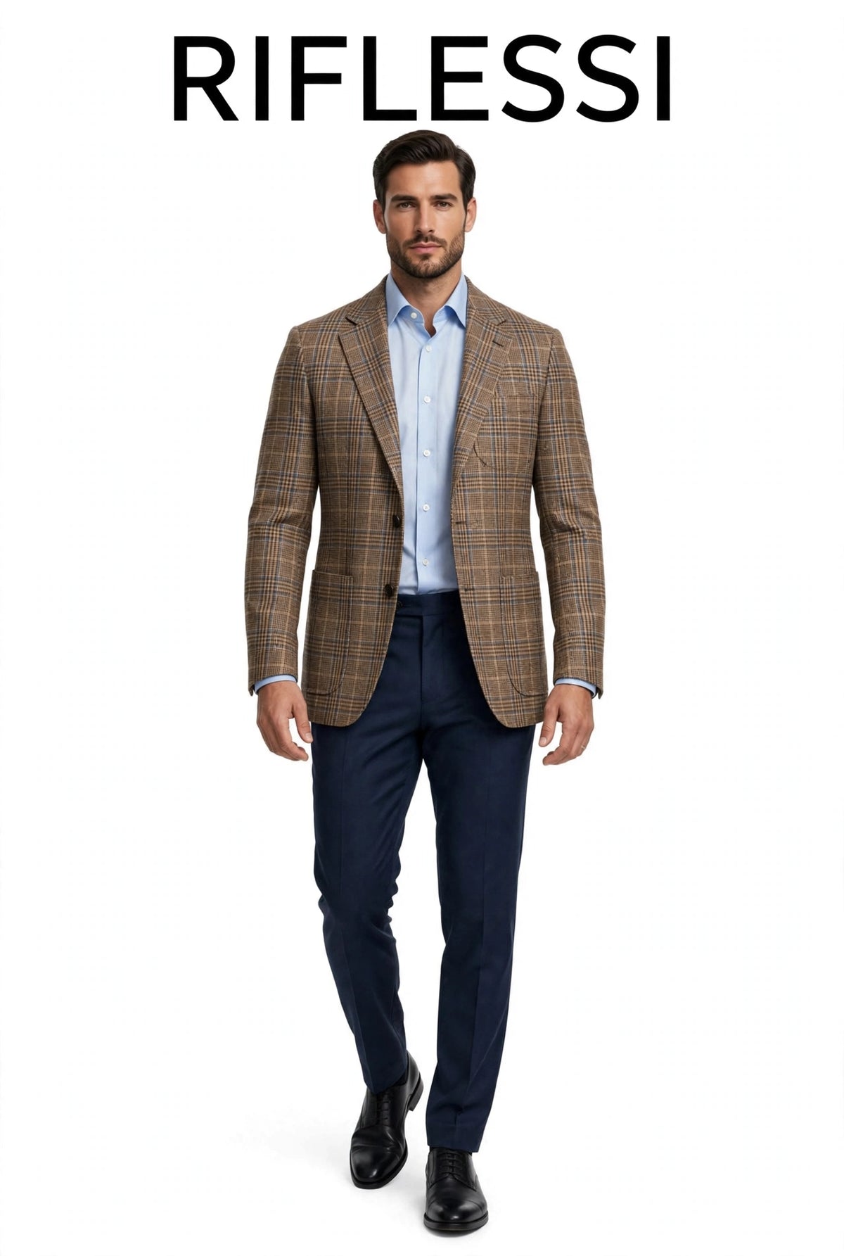 Sartorio brown plaid jacket worn by model, front