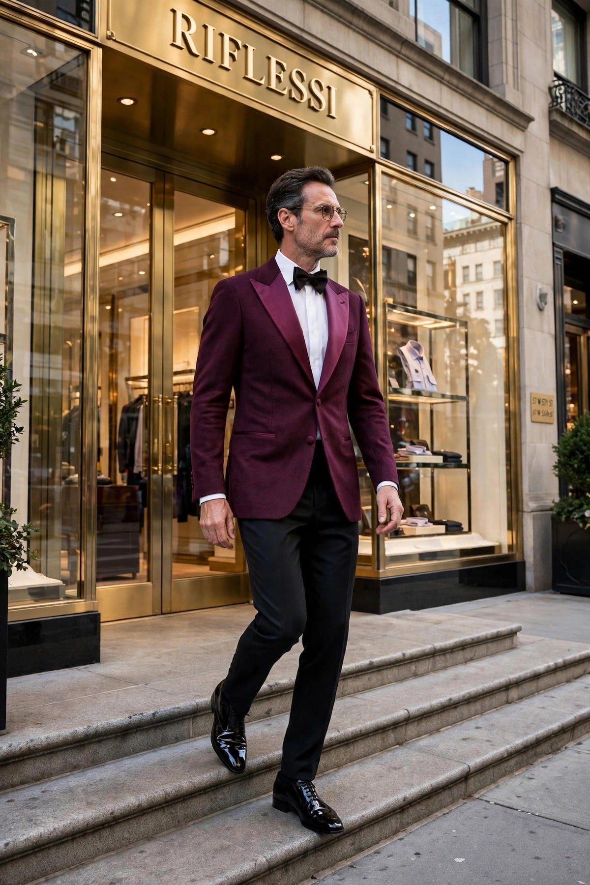 Sartorio burgundy cashmere tuxedo jacket on model, store entrance