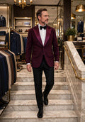 Sartorio burgundy cashmere tuxedo jacket on model, store stairs inside