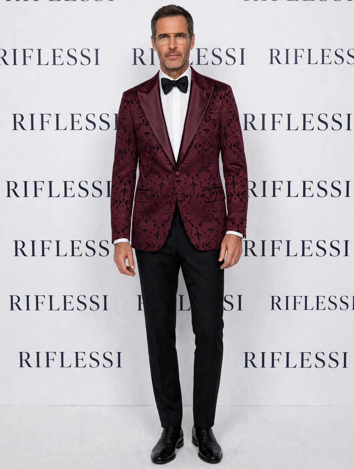 Sartorio burgundy jacquard Dinner Jacket on model at Riflessi wall